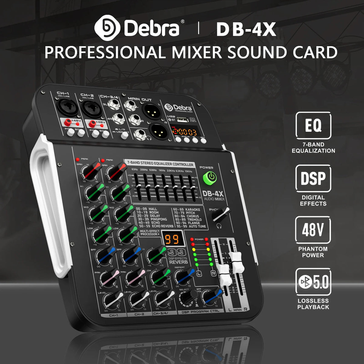 DB-4X 4-kanals mixerbord med USB, Bluetooth och DSP-reverb