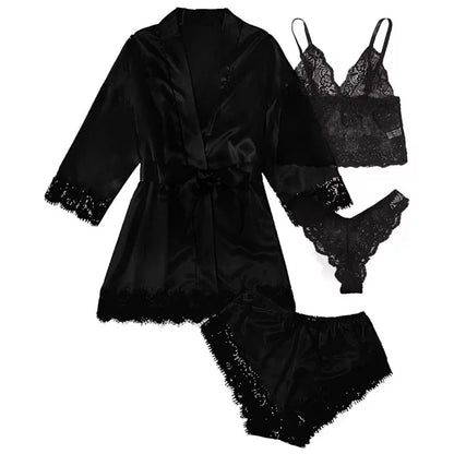 Pyjamasset dam med satinkänsla och spets – sex färger, S–2XL
