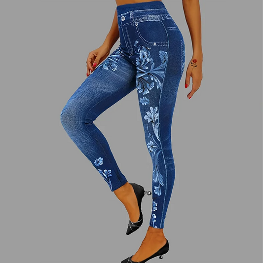 Dam Eleganta Fejk-Denim Leggings 2026 – Tryckt Denimmönster Ankellängd Office Casual S–XXL