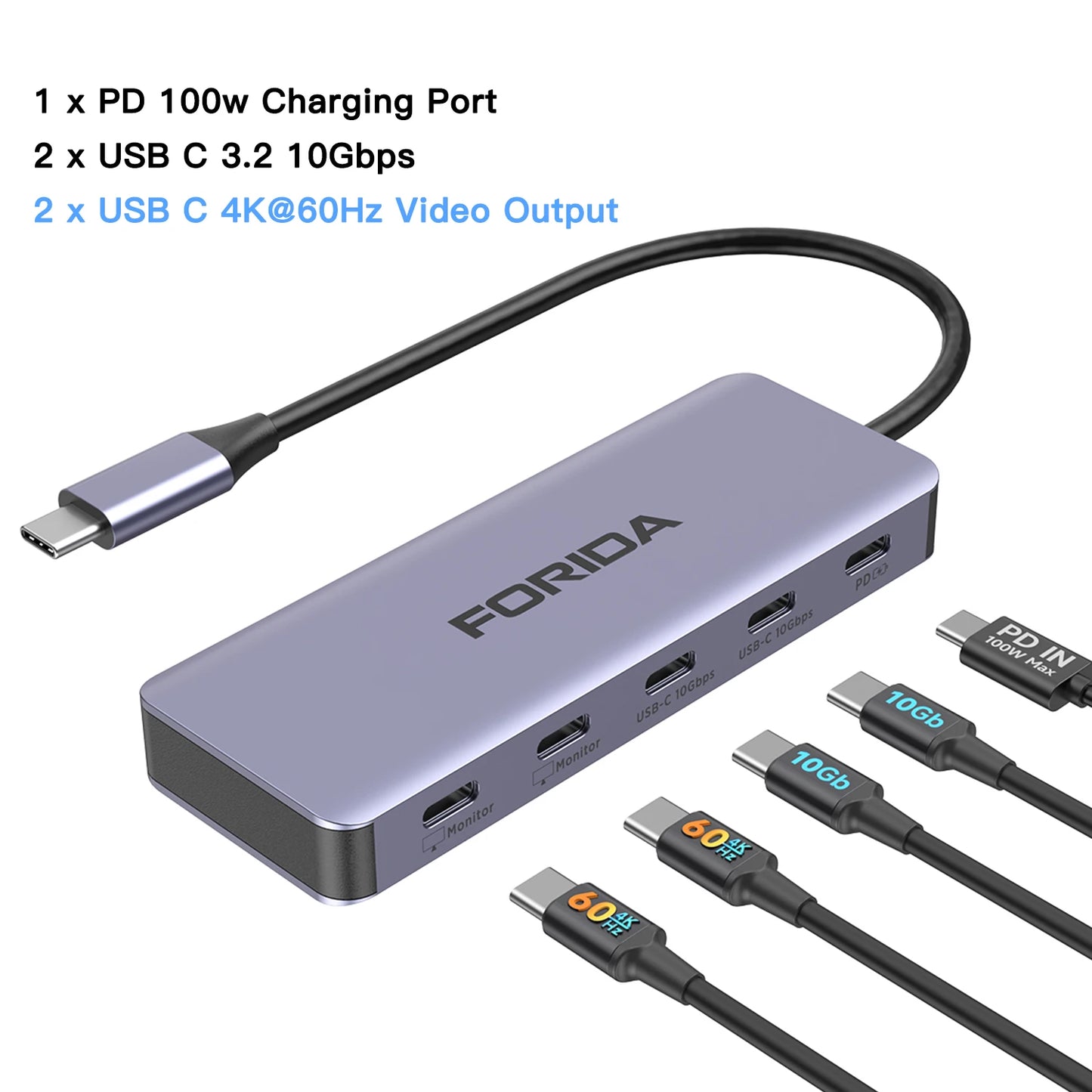FORIDA USB-C Hub 10Gbps – Dubbel 4K@60Hz HDMI USB 3.2 Gen2 PD 100W 5 Portar Aluminium MacBook Pro Laptop iPad Roséguld Grå