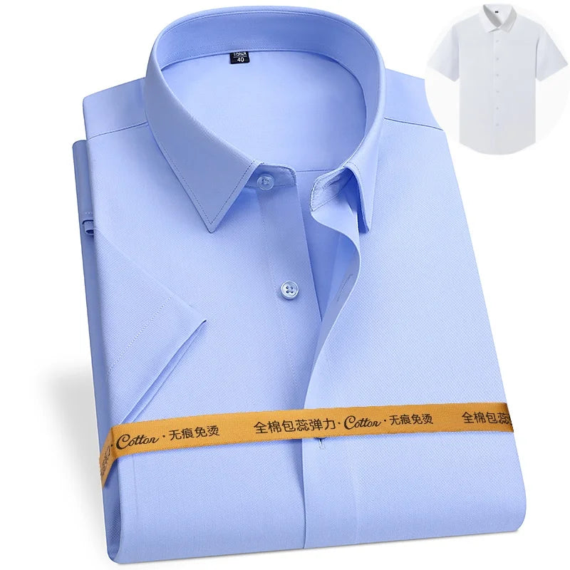 8XL Anti-Wrinkle 80% Cotton 15% Elastic Silk 5% Spandex No-Iron Business Office Soft Cozy Micro Elastic Long-sleeved Shirts Men