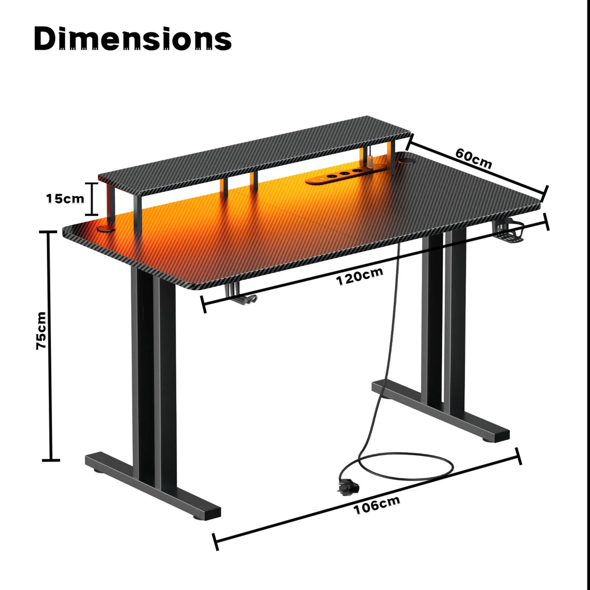 120/140/160CM Gaming Desk with LED Lights & Power Outlet, Ergonomic Carbon Fiber Computer Gamer Desk with Dual Monitor Stand,  Cup Holder & Headphone Hook, Home Office Gaming Table