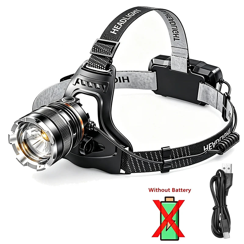 XIWANGFIRE XHP90.2 Pannlampa 50W – Zoom, Rörelsesensor, Vattentålig, 100–300m, Camping & Fiske