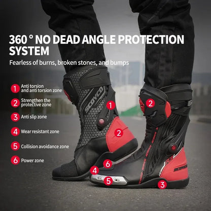 SCOYCO Banracing Motorcykelkängor CE Professionell Certifiering TPU Läder Män Kvinnor Unisex