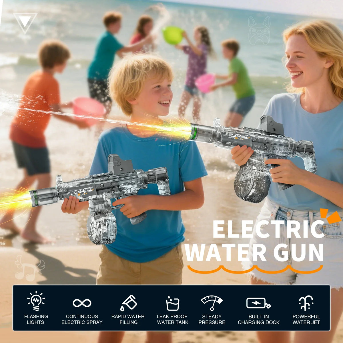 Elektrisk vattenpistol med automatisk funktion, rekyl och lampor