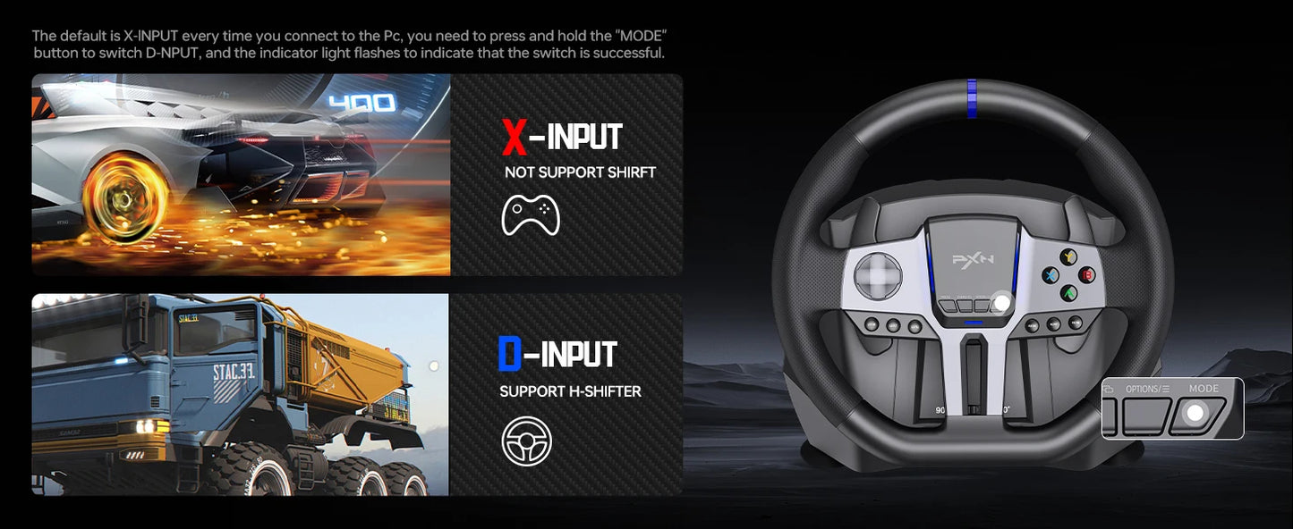 PXN V9 GEN2 Racing Wheel for PC/Xbox/PS4, 270°/900°, Hall 3-Pedal Set, H-Shifter, Dual Paddles, RGB, App