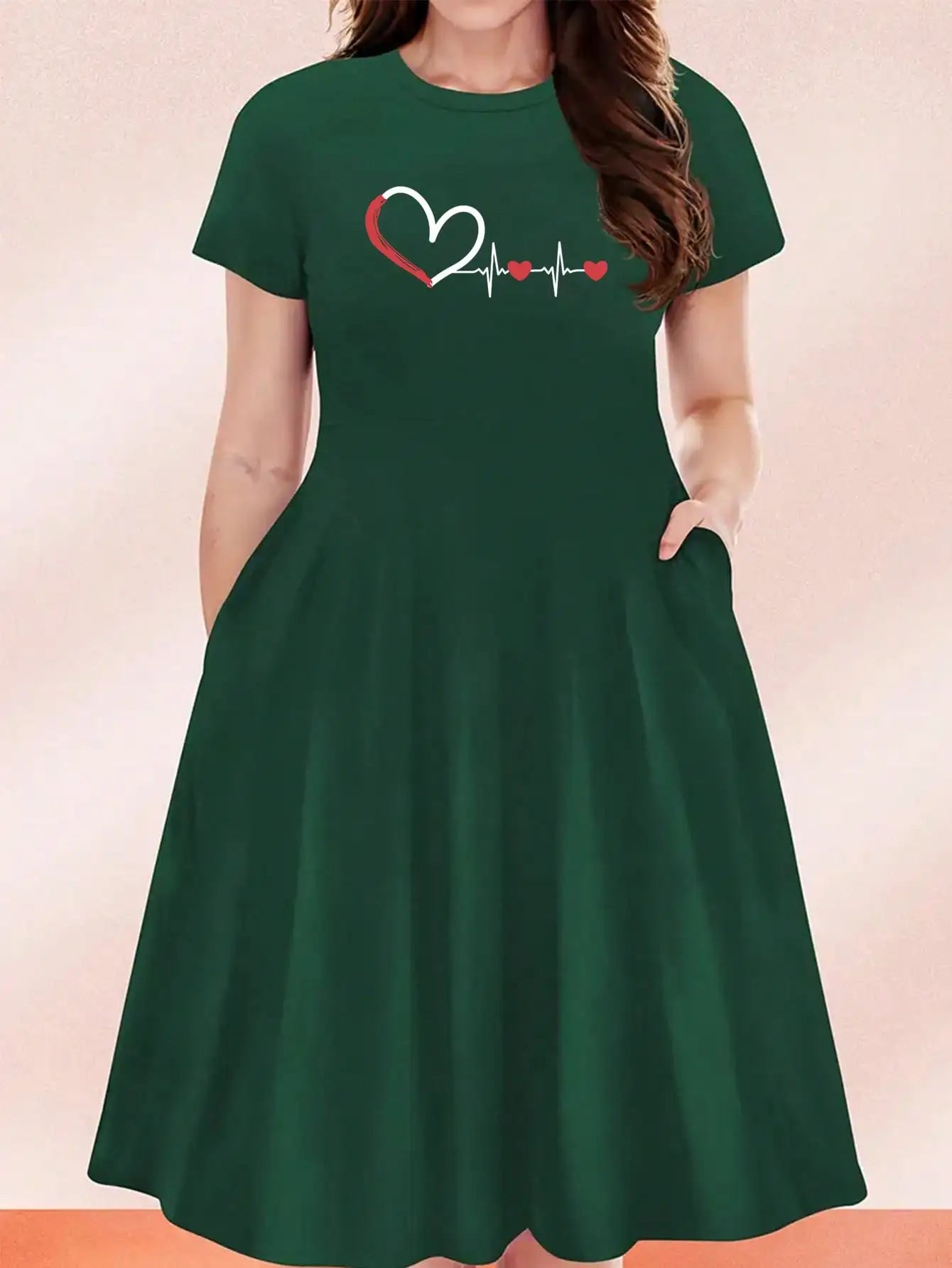 2026 Women's Four Seasons Love at First Sight Heartbeat Printed Casual Loose Black Short Sleeved Large Short Skirt Dress