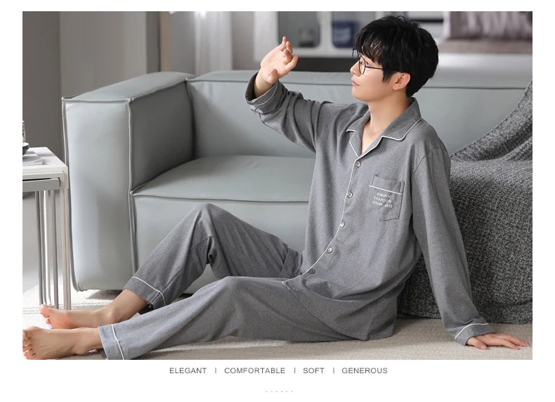 MiiOW Herr Pyjamas Set Vinter – Bomull Långärmad Rutig Grå Krage Plus Size, 8 Färger M–XXXL
