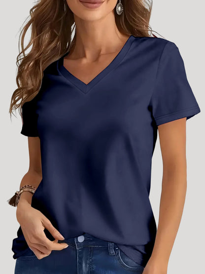 Women's Oversized V-Neck T-Shirt Solid Color Short-Sleeve Curved Hem Soft Fabric Black Gray Navy