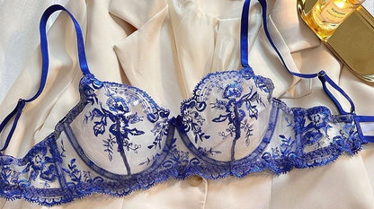 Conjunto Lencería Bordado Floral Transparente Aro Rejilla Copa Fina Sujetador Push Up Estilo Puro Deseo Ropa Interior Mujer S-XL