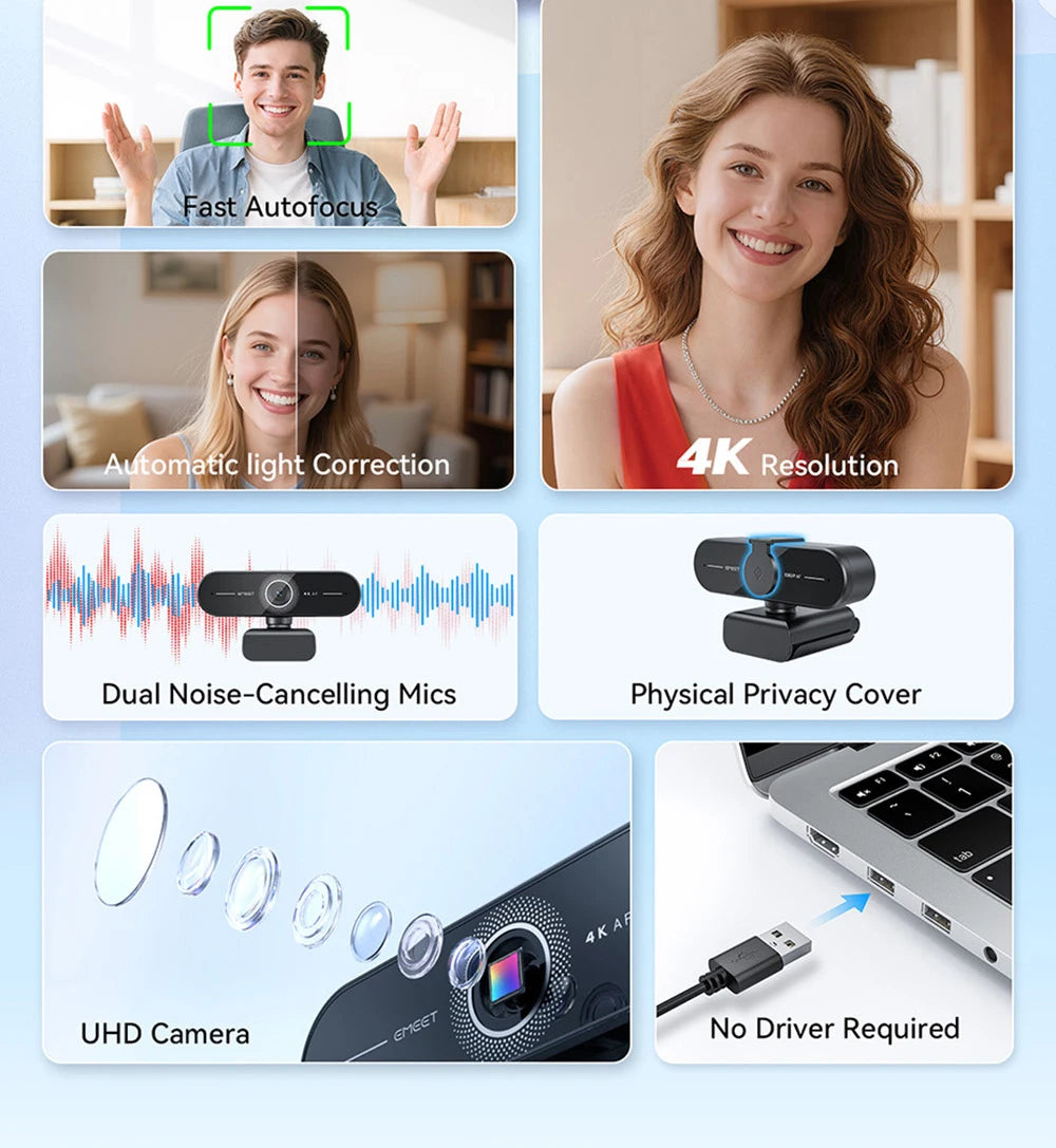 EMEET 4K/1080P Webcam for PC/Computer PDAF Auto Focus Video Camera With Dual Mics Web Camera Works for Zoom/Teams