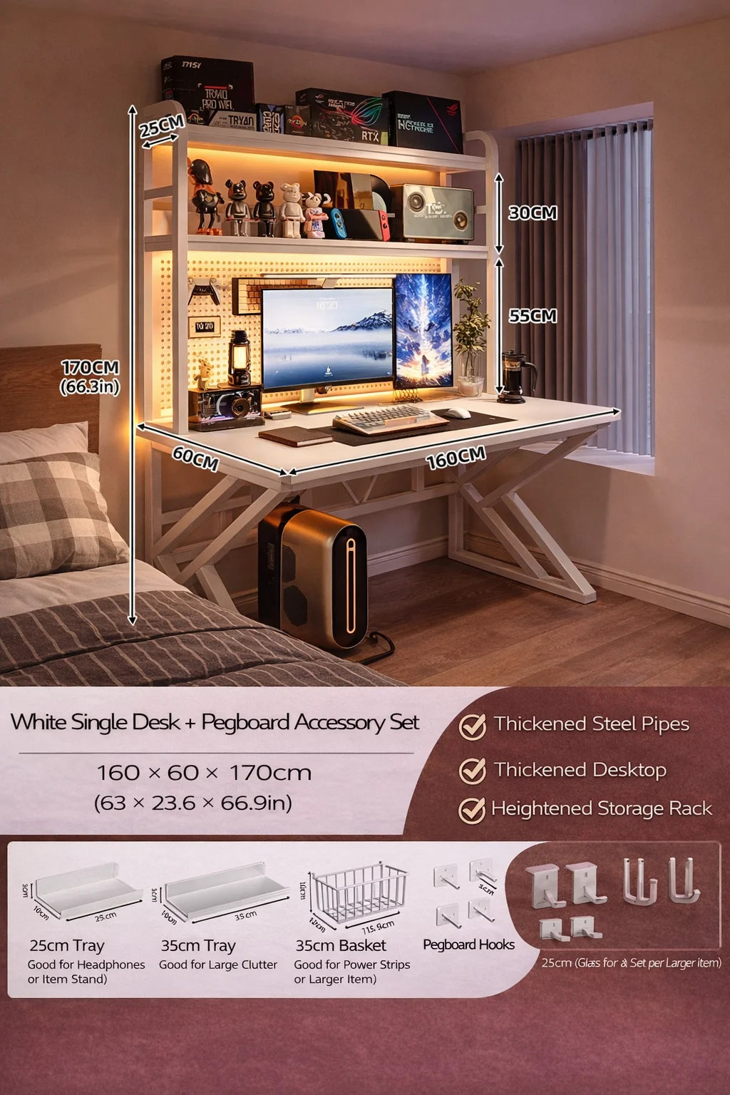 Gaming Desk with Bookshelf and Pegboard Computer Desk with Storage Shelf Home Office Study Desk for Bedroom Small Space