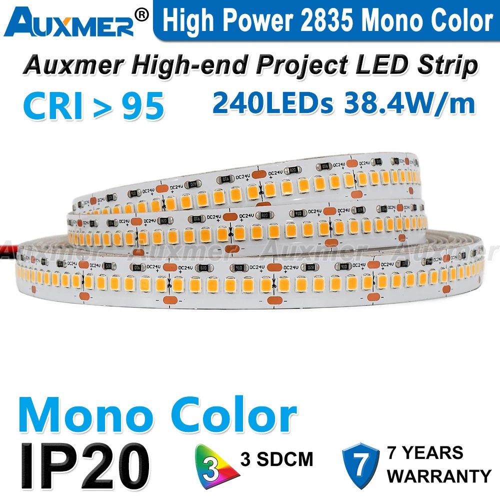 High Power 2835 LED Strip Lights,Mono Color,120LEDs/m 240LEDs/m,CRI＞95/90,3SDCM,Super Bright Flex LED DC12/24V,5m/reel,IP20