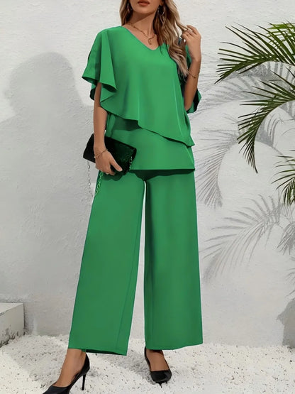 Plus Size Women's Multi-Color Ruffle Sleeve V-Neck Top + Wide Leg Pants 2-Piece Set - Elegant Casual Party Style (0XL-4XL)