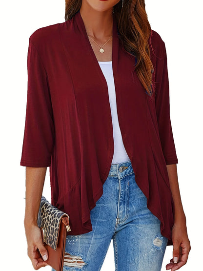 Dam Plus Size Kofta V-ringning – Lös Plissé Volangkant 3/4-ärm Casual Vår/Sommar/Höst, 3 Färger 1XL–5XL