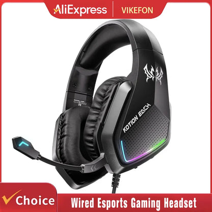 VIKEFON Esports Gaming Headset Over-Ear – Kabelanslutet Lättviktigt Kraftfull Drivare Mikrofon Volymkontroll Röd Blå Svart