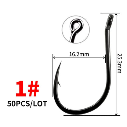 50PCS Single Circle Offset Fishing Hooks – High Carbon Steel Barbed for Carp Fly Fishing & Sea Tackle