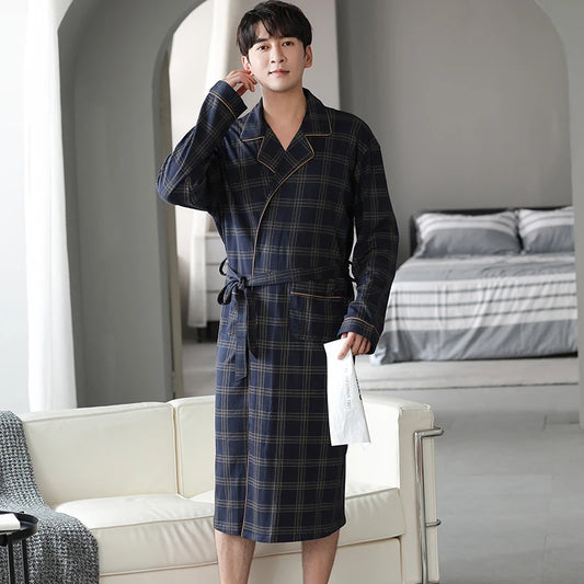 Herr Badrock Lång Kimono – 100% Bomull Rutig Höst, 6 Motiv M–4XL
