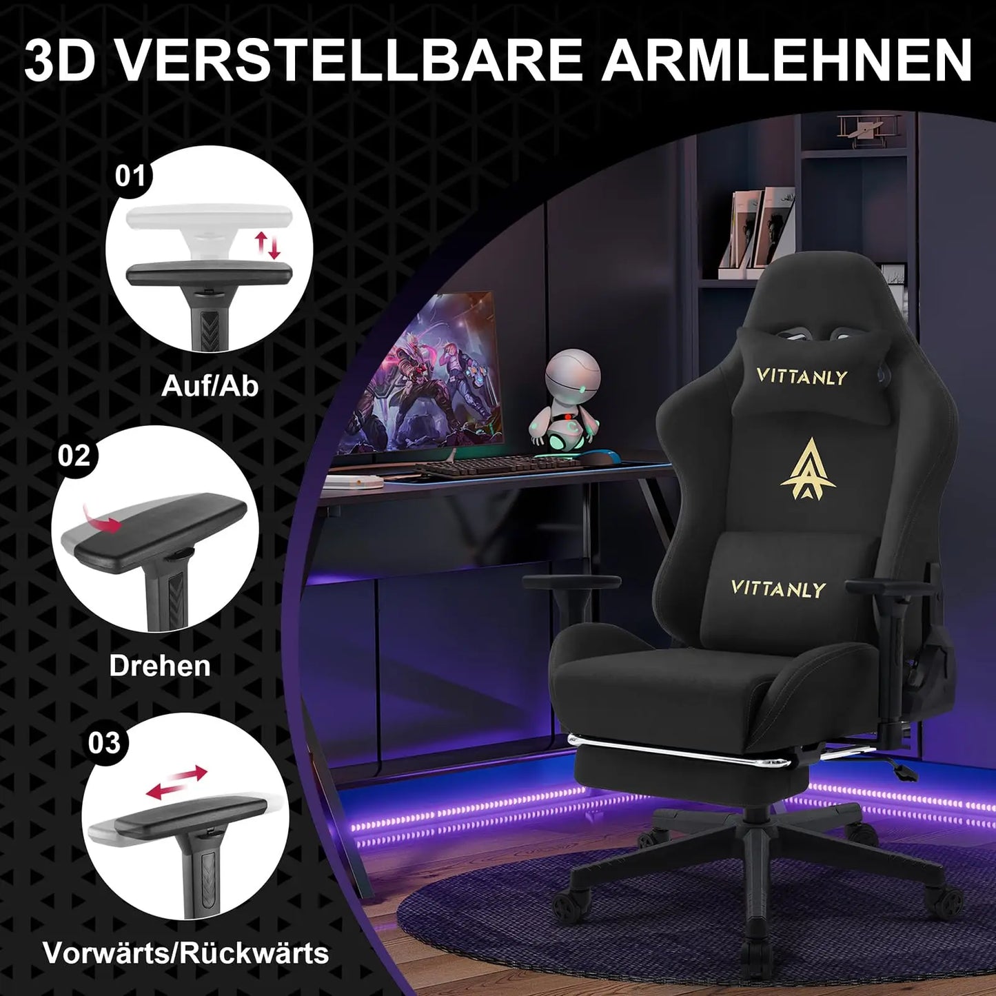 Vittanly Gaming Chair Breathable Office Chair Made of High-Quality Fabric New Adjustable and Rotating Desk Chair with Footrest