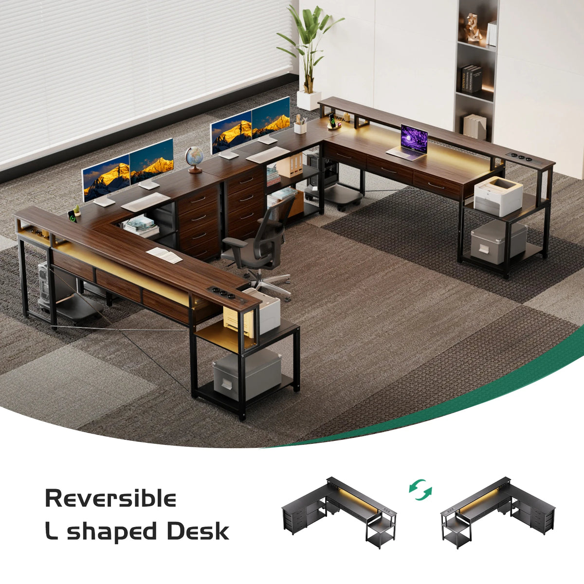 Reversible L-Shaped Gaming Desk 148cm Ultra-Wide Rgb Led App 2*Socket USB 7 Drawers Brown Grey Monitor Stand