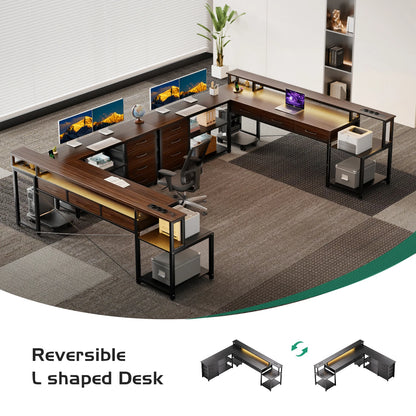 Reversible L-Shaped Gaming Desk 148cm Ultra-Wide Rgb Led App 2*Socket USB 7 Drawers Brown Grey Monitor Stand