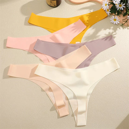 FINETOO 3PCS Women Ice Silk Seamless Underpants Panties Sexy V-Waist Sport Thongs Low Rise 10 Soild Colours Breathable G-string