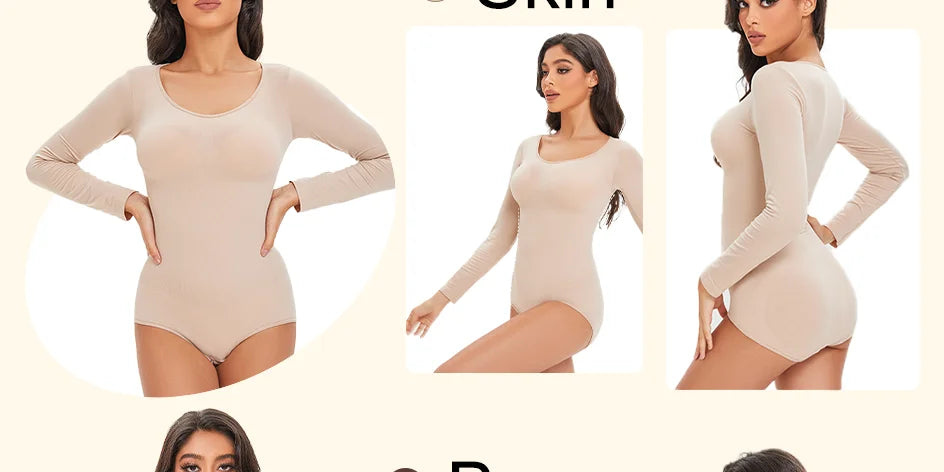 POKARLA Spandex Elastic Body Suit Shapewear Women Body Shaper Tummy Control Long Sleeve Open Crotch Round Neck Seamless Shapers