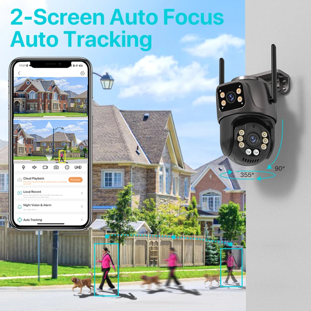 PTZ Utomhuskamera med Dubbla Linser – 4MP/8MP, WiFi, AI-spårning, Färg-nattseende och iCSee