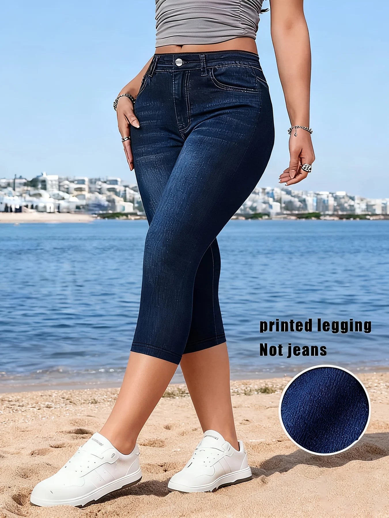 Printed Leggings - Non-Denim Fabric, Women's Summer Capri Leggings, Denim-Look Printed Leggings