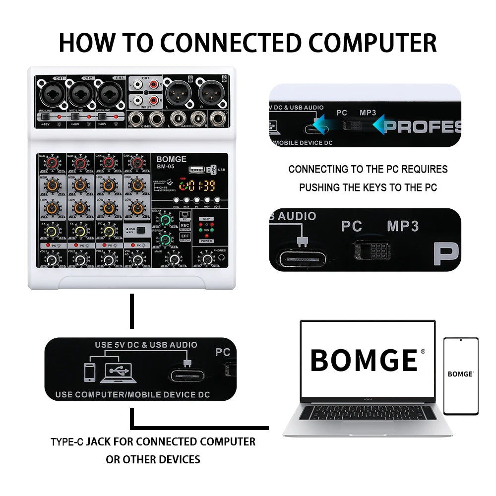 BOMGE 5 Channel Mixer with 3 Mic Line Input 48V Stereo Bluetooth MP3 PC U Dish Recording for Studio with Headphone Monitoring