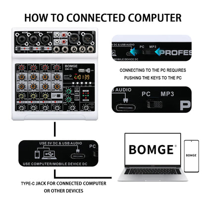 BOMGE 5 Channel Mixer with 3 Mic Line Input 48V Stereo Bluetooth MP3 PC U Dish Recording for Studio with Headphone Monitoring