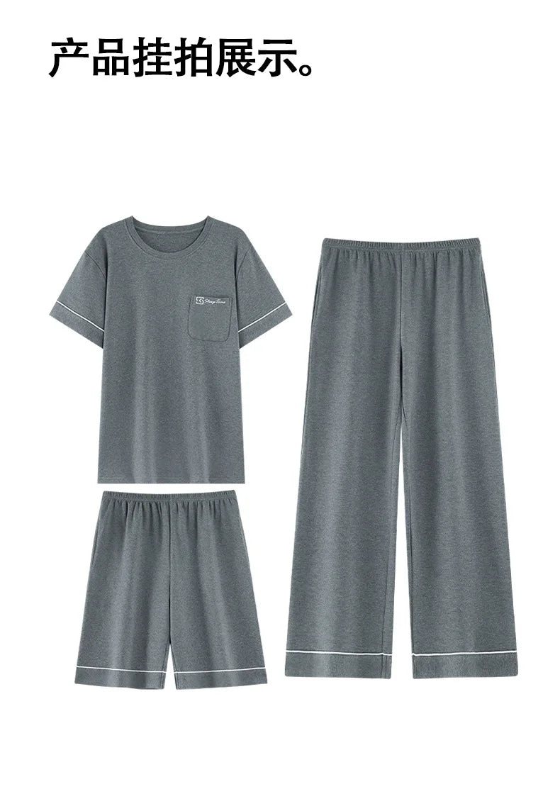 Short Sleeves & Shorts & Long Pant 3Pcs/set Cotton Nightwear for Men Summer Breathable Casual Sleepwear Male Loungewear Hombre