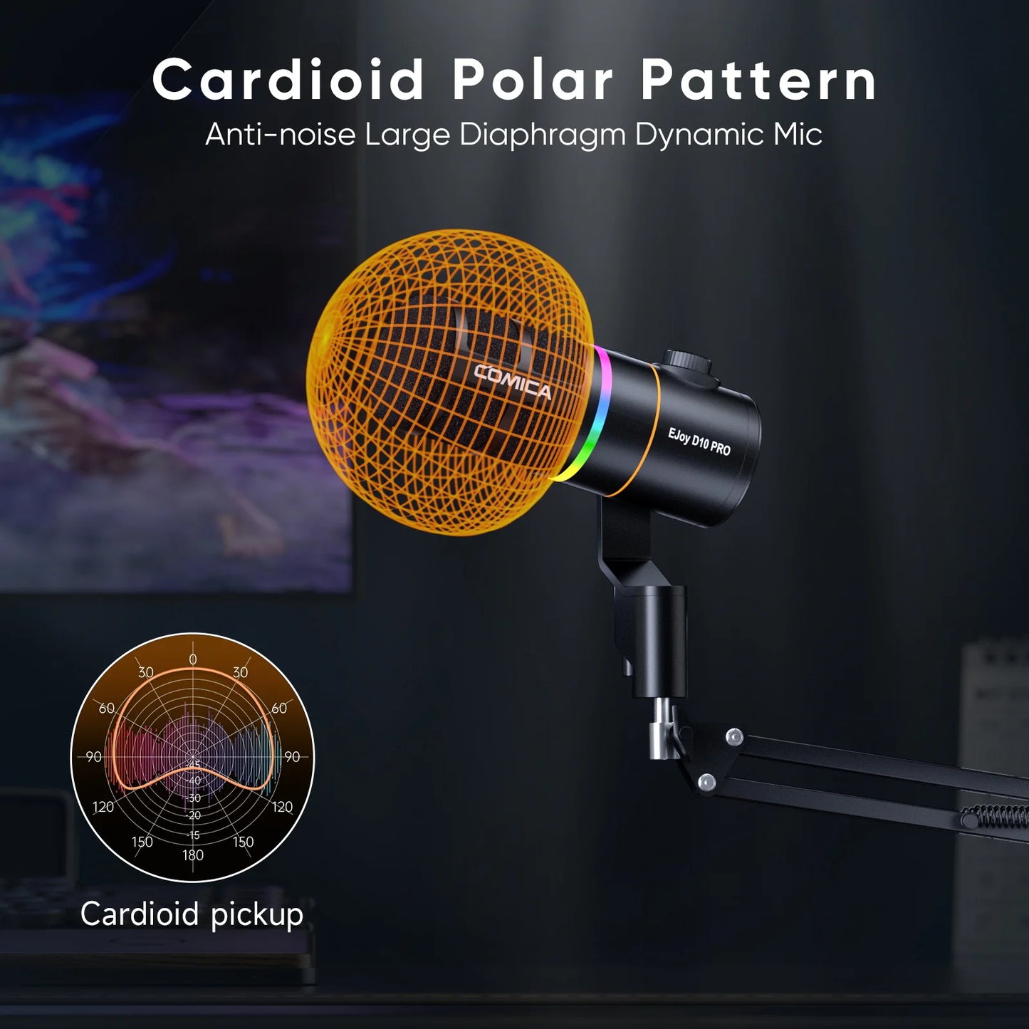 COMICA D10 PRO RGB Cardioid USB/XLR Dynamic Wireless Microphone Gaming Mic Voice Noise Reduction for Streaming Interview Podcast