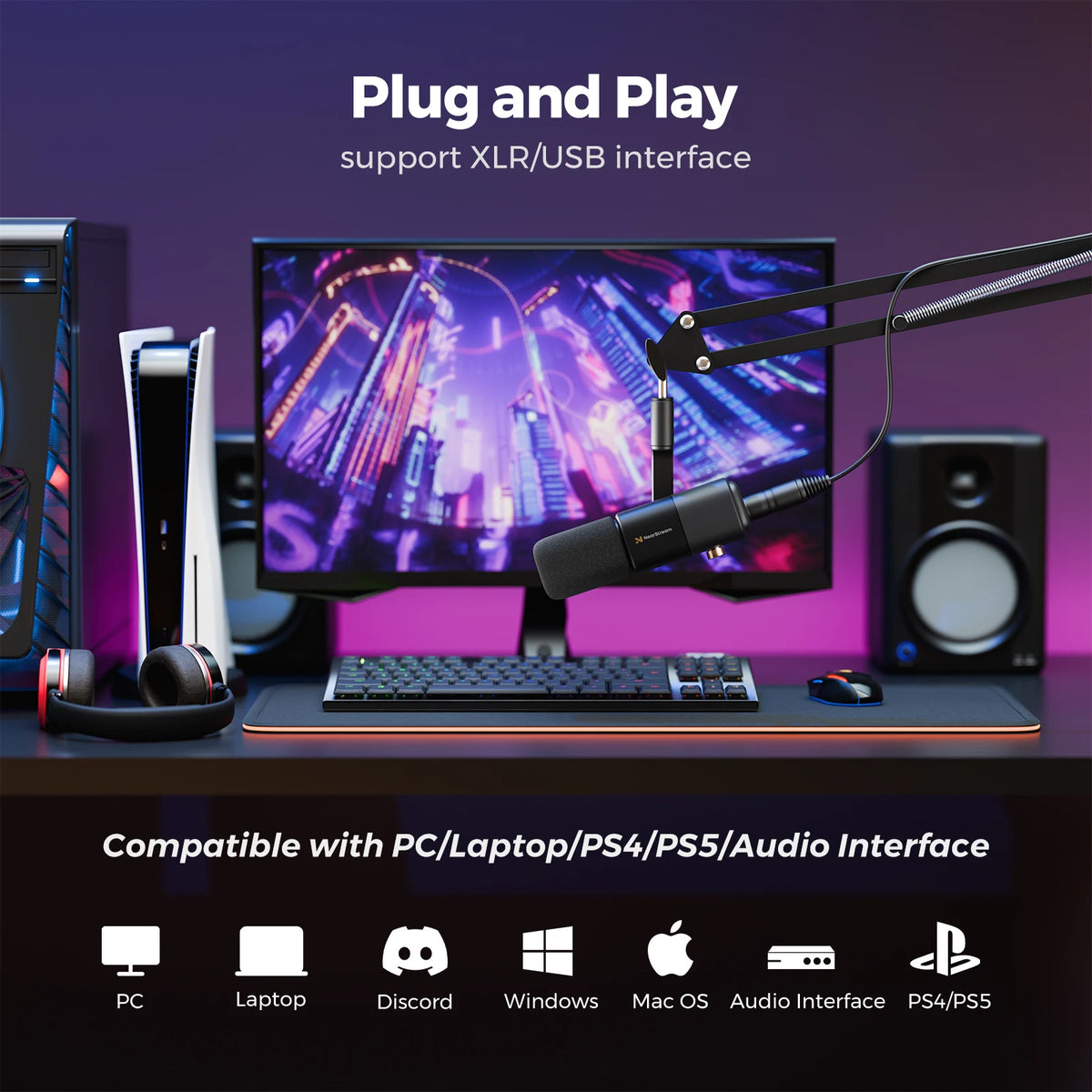 NearStream USB XLR Kondensatormikrofon med Bomarm Set för Streaming Podcast Studio