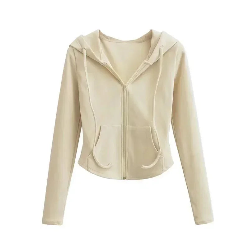 Women's Slim Fit Hooded Zip Up Sports Sweatshirt | Autumn Cropped Casual Jacket Long Sleeve Athletic Outerwear K Pop Clothes