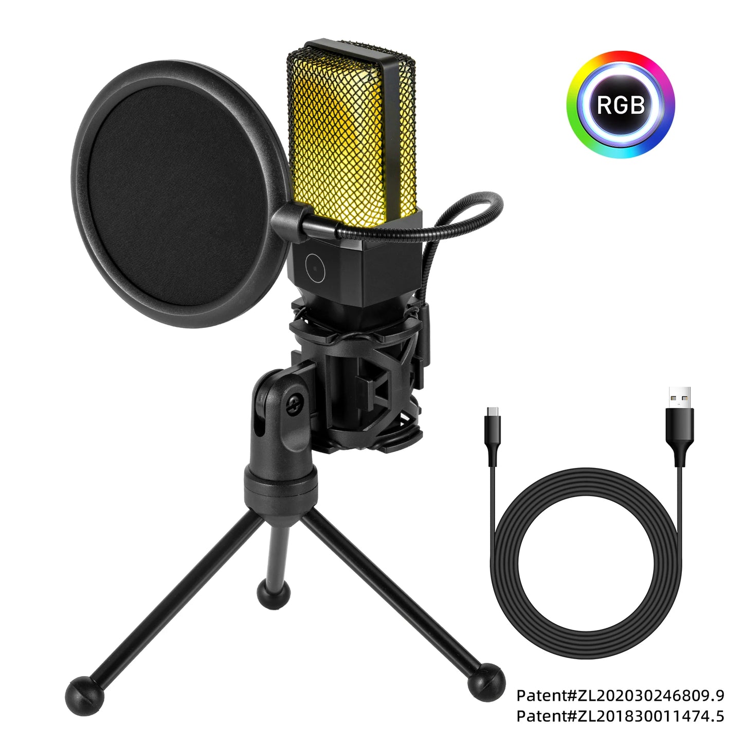 Gaming Microphone Professional Condenser Mic PC Laptop Computer Mike RGB USB Wired Studio Streaming Podcast Gamer Karaoke PC Kit