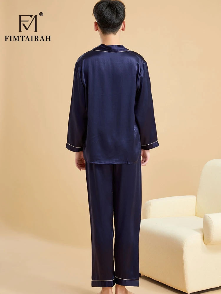 Fimtairah Real 19MM 100% Mulberry Silk Pajamas Men's Autumn  Hangzhou Solid Color heavy Silk Home Wear Men's