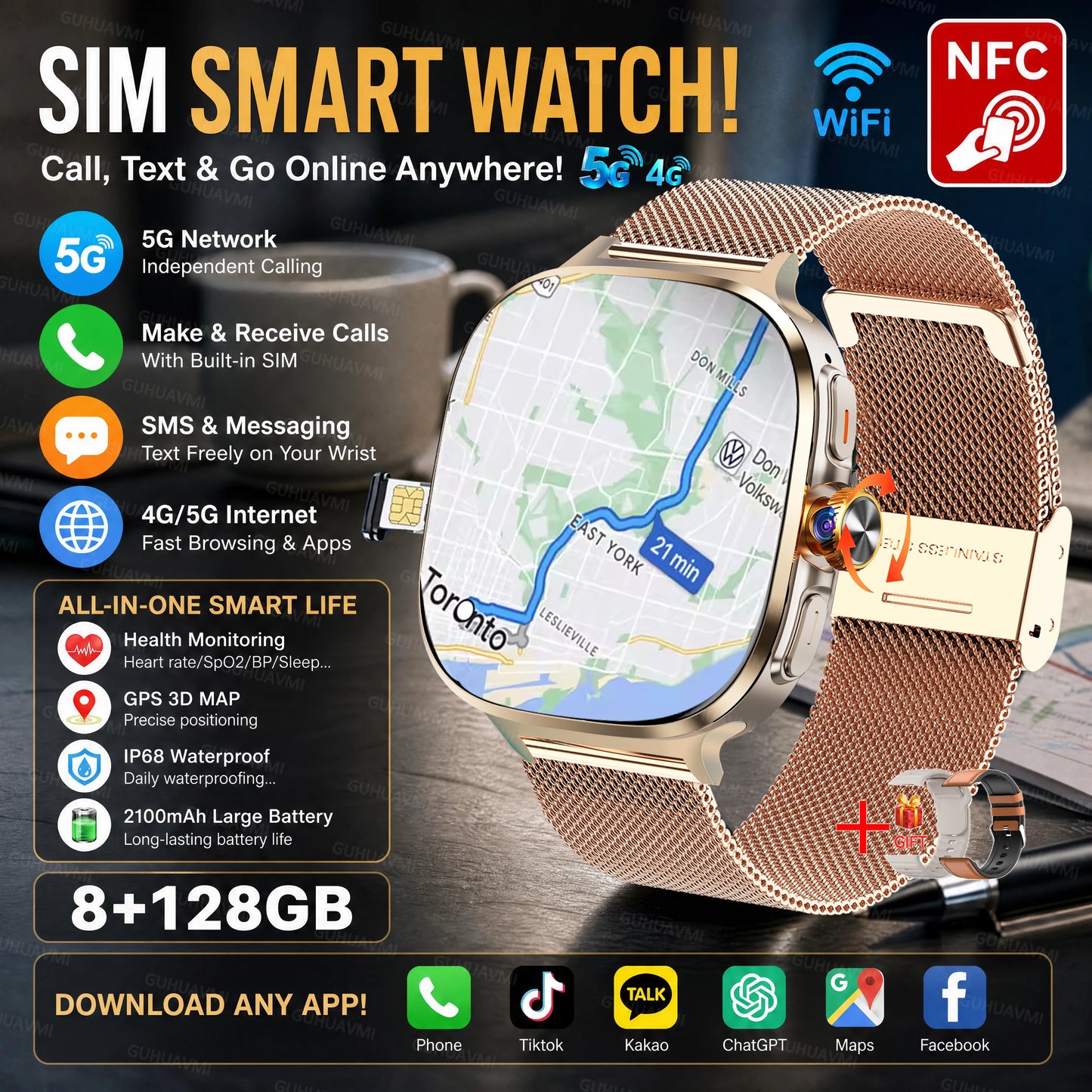 2026New 5G SIM Smart Watch 2.4" AMOLED 8+128GB GPS+NFC WIFI 1000W HD Camera IP68Waterproof Health Monitor Android Smartwatch Men