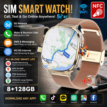2026New 5G SIM Smart Watch 2.4" AMOLED 8+128GB GPS+NFC WIFI 1000W HD Camera IP68Waterproof Health Monitor Android Smartwatch Men