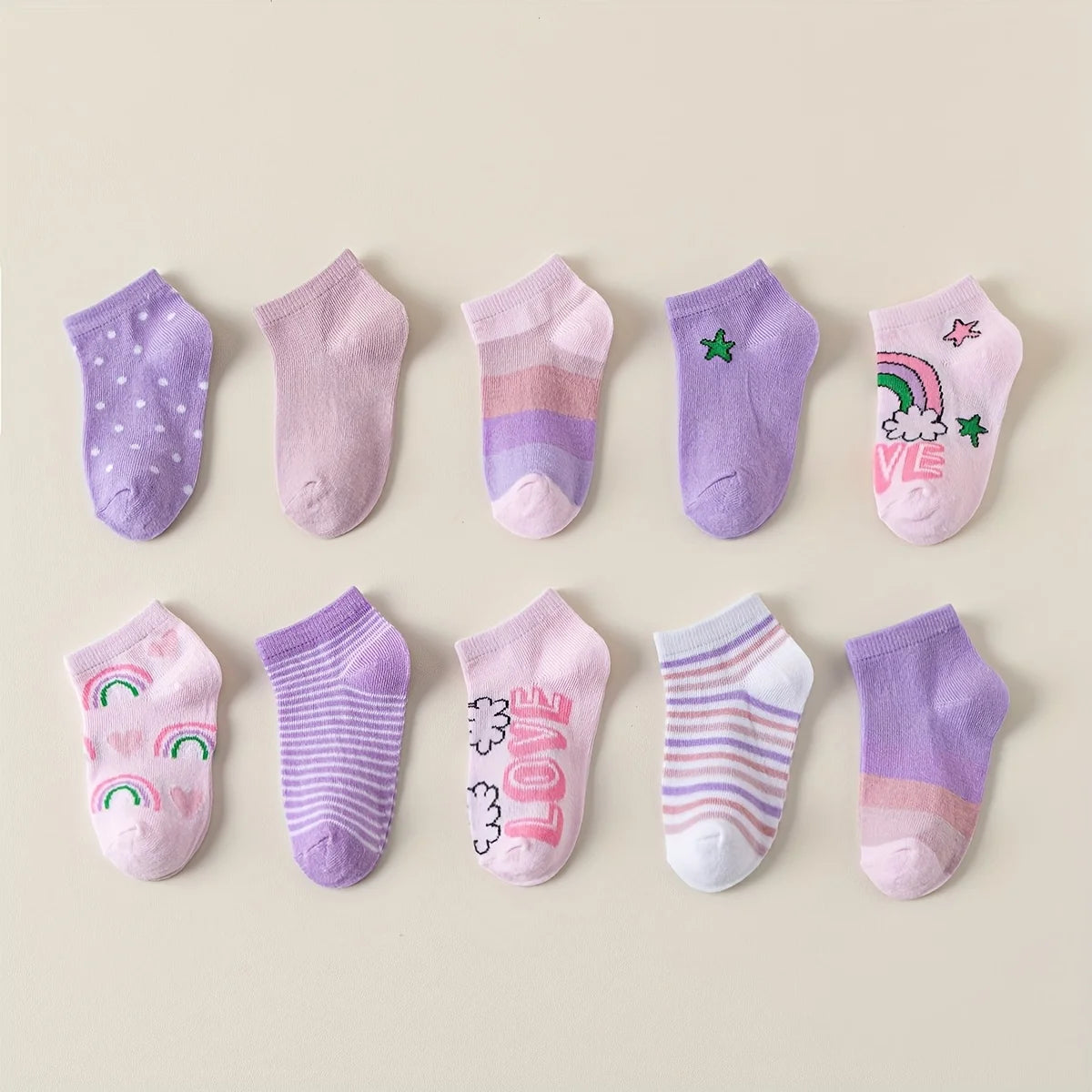 Random 10 pairs of children socks, love, flowers, stripes, dots, one-horned pattern, soft and comfortable to wear ankle socks.