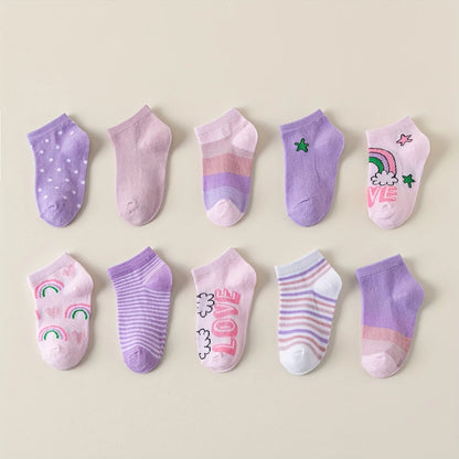 Random 10 pairs of children socks, love, flowers, stripes, dots, one-horned pattern, soft and comfortable to wear ankle socks.