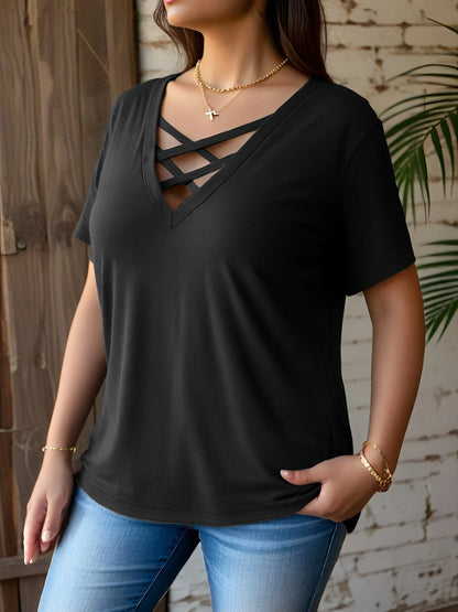 Plus Size Women's Casual V-Neck Crisscross Short Sleeve T-Shirt Stretchy Comfort
