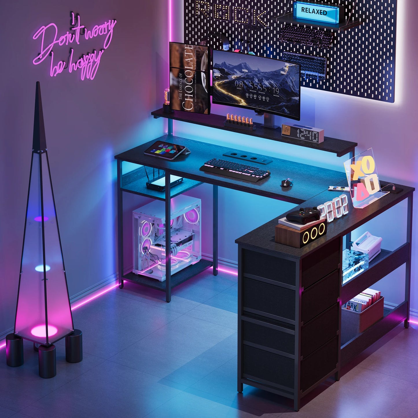 Black L-shaped gaming desk 120x110cm with monitor stand, drawers, cable cutout, and multiple shelves; office table for home use