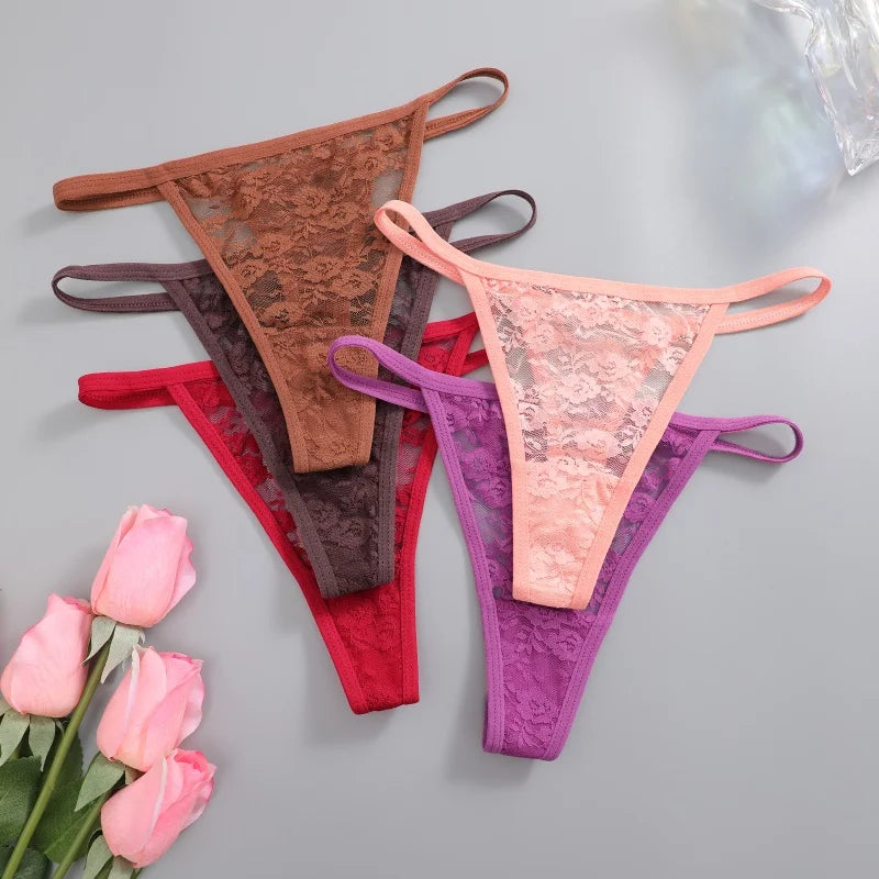 3Pcs/Set Sexy Lace Floral Panties For Women Solid Color Transparent Underwear Female Lace Perspective Hollow Out G-string Thongs