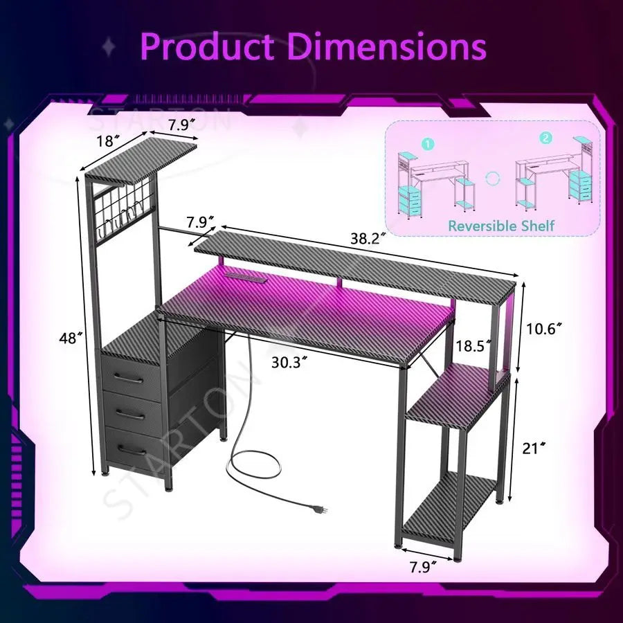 48 Inch Gaming Desk with LED Lights Power Outlets,Computer Desk with Fabric Drawers Side Hook,Reversible Gamer Table
