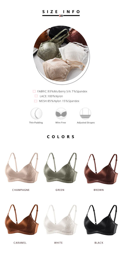 SuyaDream,Women Silk Bras, 93%Silk 7%Spandex, Wire Free, Lace Padded Bra, 2025 New Cozy Intimates, Black, White