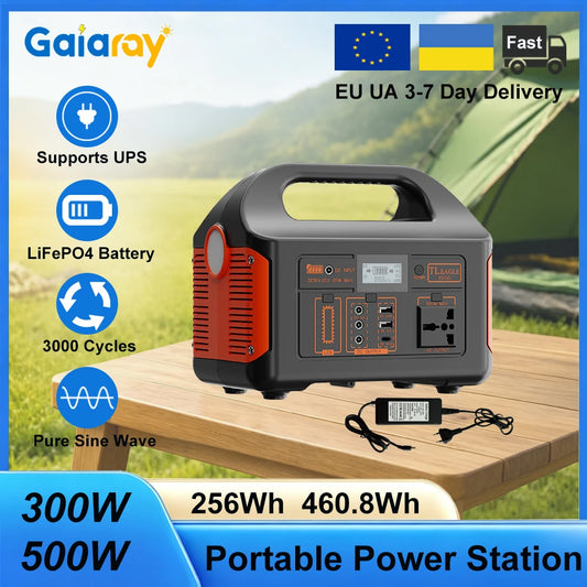 GaiaRay Portabel Powerstation 300W/500W – LiFePO4 Solargenerator, Ren Sinusvåg, UPS & LED, EU-lager