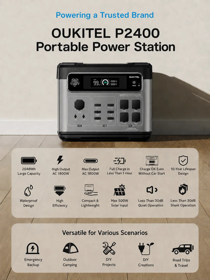 OUKITEL P2400E 2400W Portable Power Station 2048Wh LiFePO4 Battery Solar Generator with UPS, Pure Sine Wave AC Output, Fast Recharge, Home Backup Power Supply for Camping, RV, Outdoor, Emergency