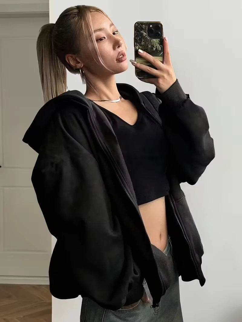 Black White Women's Zipper Hoodies Jacket Cotton Fleece Hoody Sweatshirt Pullover Autumn Winter Oversized Loose Tops Coat Unisex