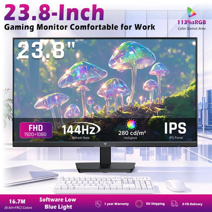 KTC H24B9S-2 144Hz Gaming Monitor, 23.8' FHD IPS Display, 178° Wide Viewing Angle, 113% SRGB, 16.7M Colors, Low Blue Light, 280 cd/m², HDMI & VGA, VESA 75x75mm Mount, Smooth Gaming & Daily Productivity